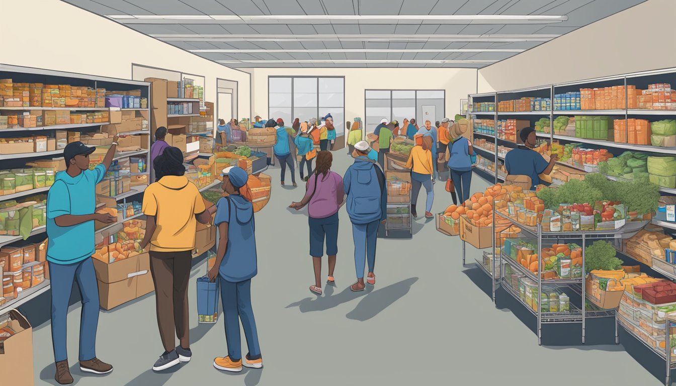 A bustling food pantry in Henderson County, Texas, with volunteers distributing free groceries to those in need