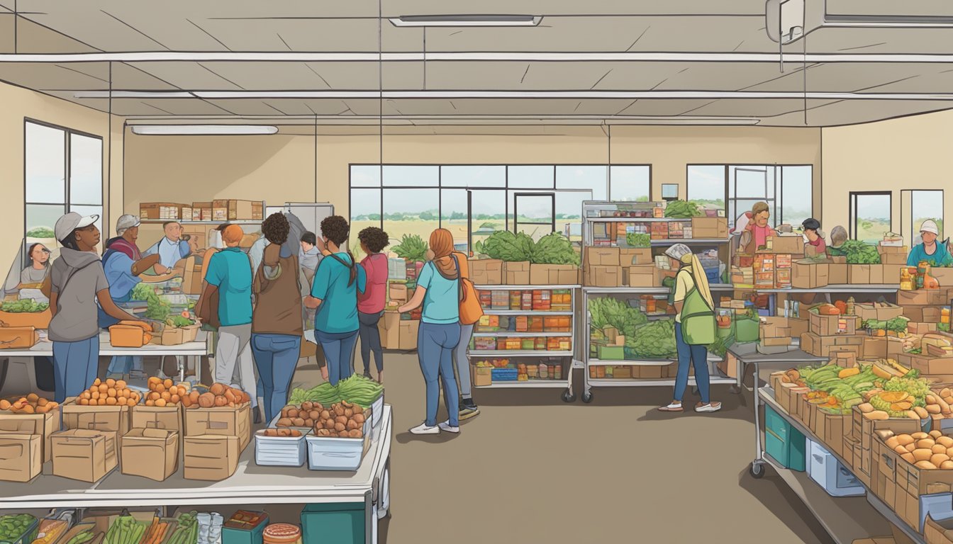 A bustling food pantry in Johnson County, Texas, with volunteers and recipients collaborating to distribute free groceries