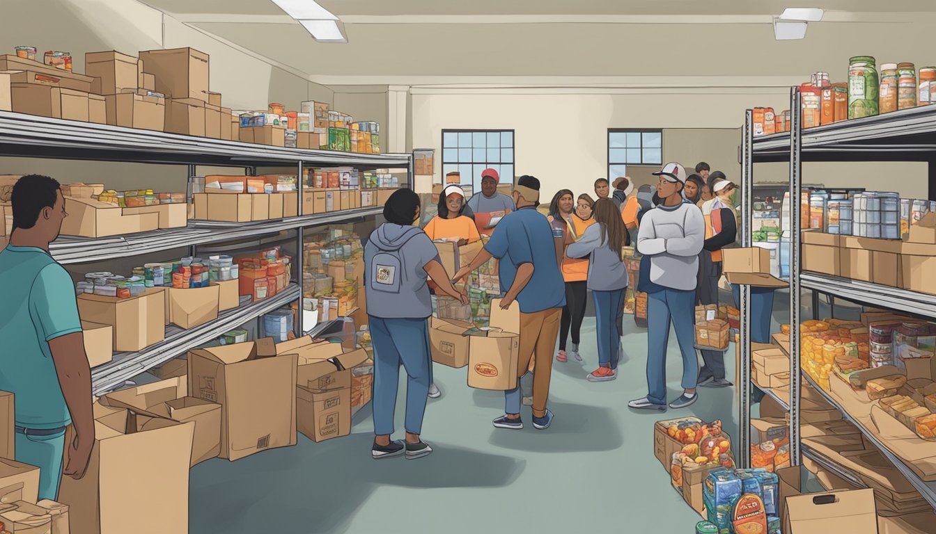 A bustling food pantry in Henderson County, Texas, with volunteers distributing free groceries to those in need