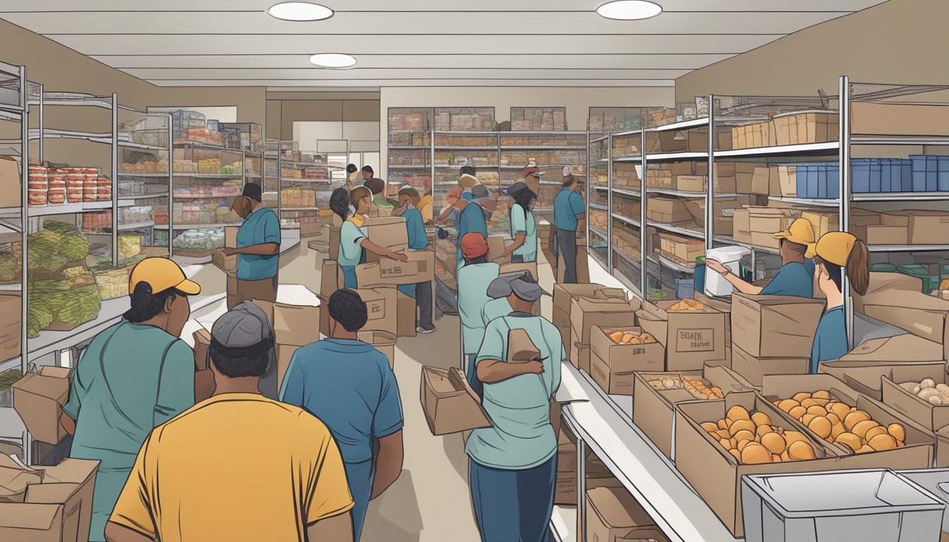 A bustling food pantry in Johnson County, Texas, with volunteers distributing free groceries and meals to those in need