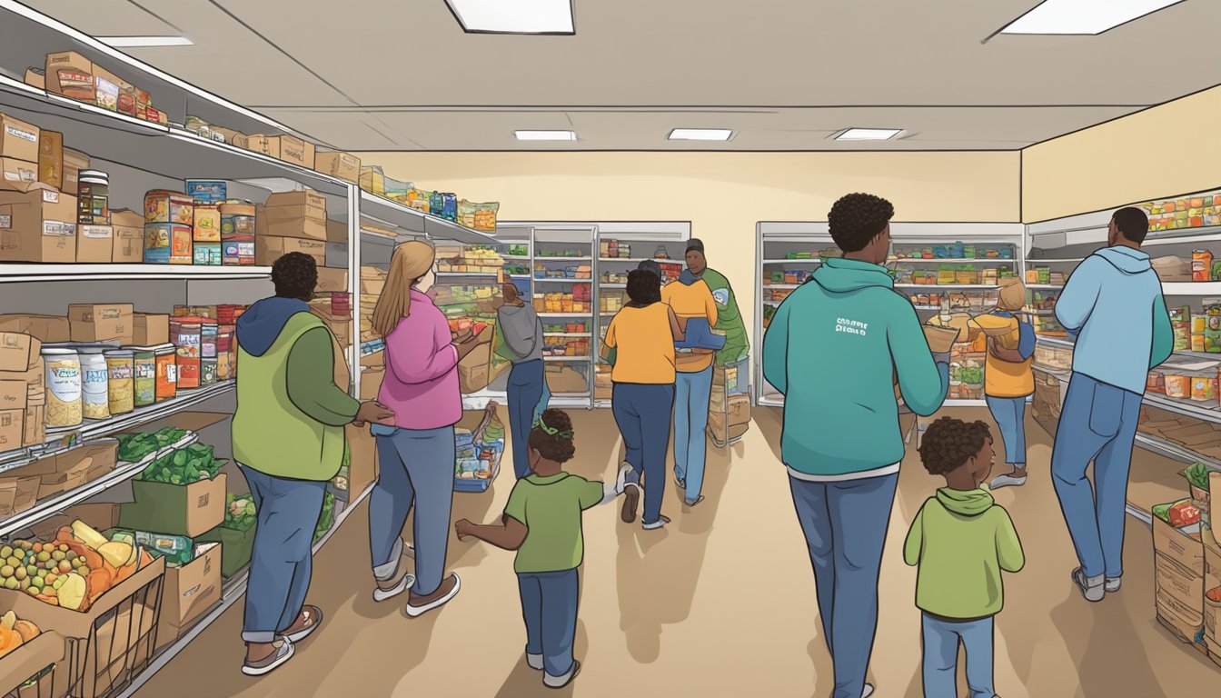 A bustling food pantry in Kendall County, Texas, with volunteers distributing free groceries to those in need