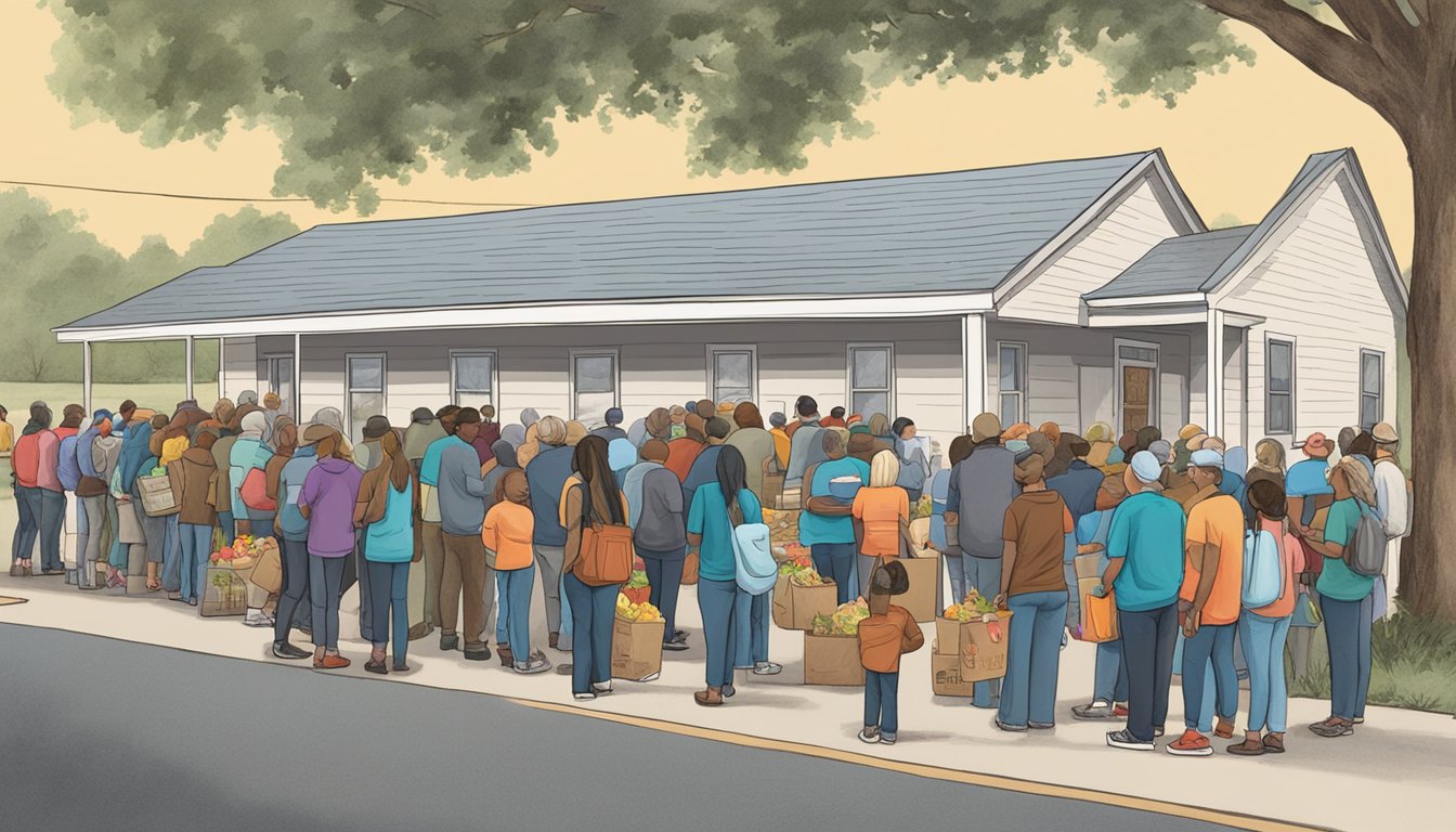 A line of people waiting outside a food pantry in Henderson County, Texas, with volunteers distributing free groceries to those in need