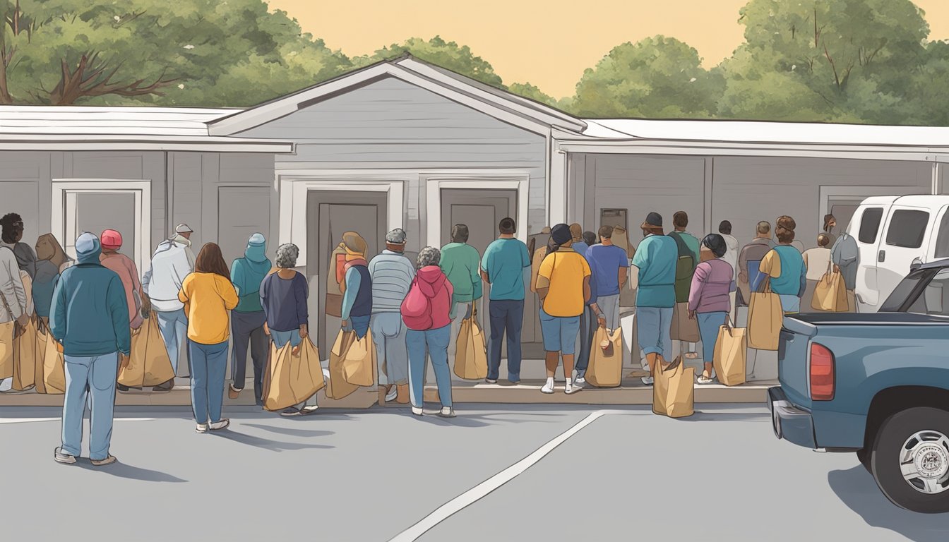 A line of people waits outside a food pantry in Henderson County, Texas. Volunteers hand out bags of groceries to those in need