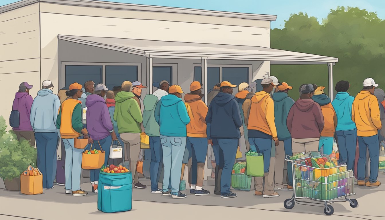 A line of people wait outside a food pantry in Kendall County, Texas. Volunteers distribute free groceries to those in need