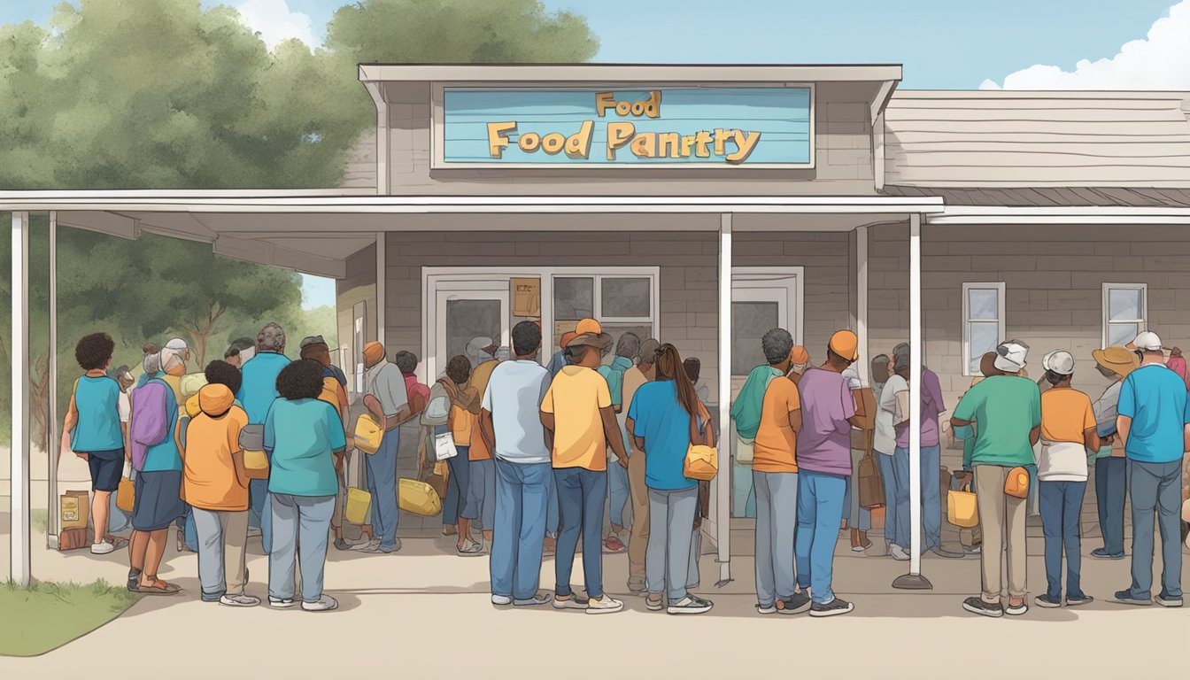 A line of people wait outside a small food pantry in Karnes County, Texas, as volunteers distribute free groceries to those in need