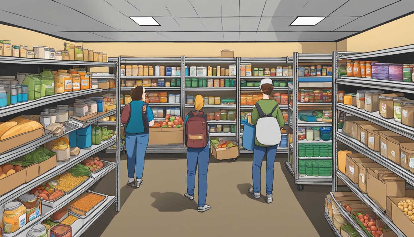 A bustling food pantry in Kendall County, Texas, with shelves stocked full of free groceries and volunteers assisting those in need