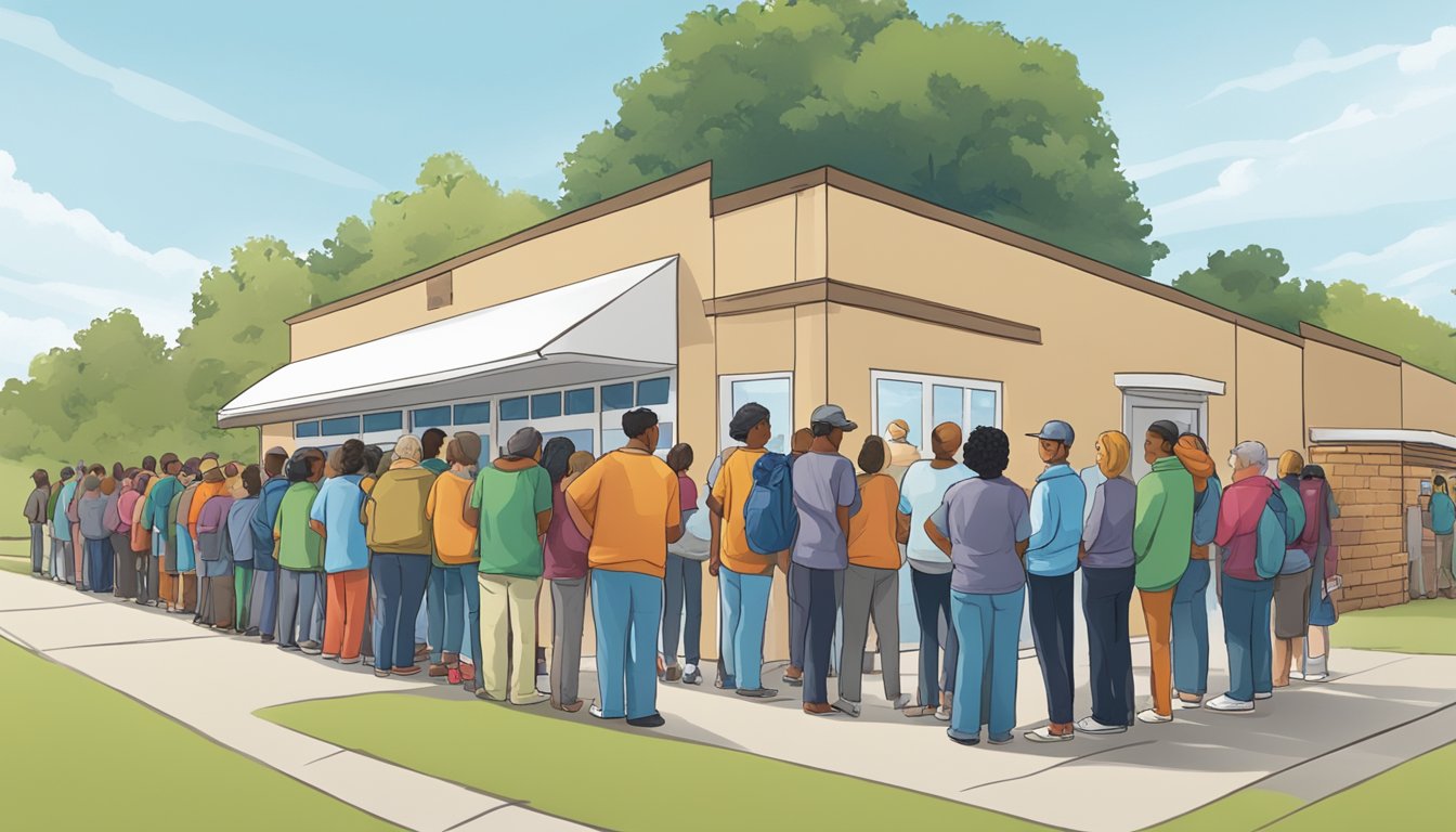 A line of people waiting outside a food pantry in Hockley County, Texas. Volunteers distribute free groceries to those in need