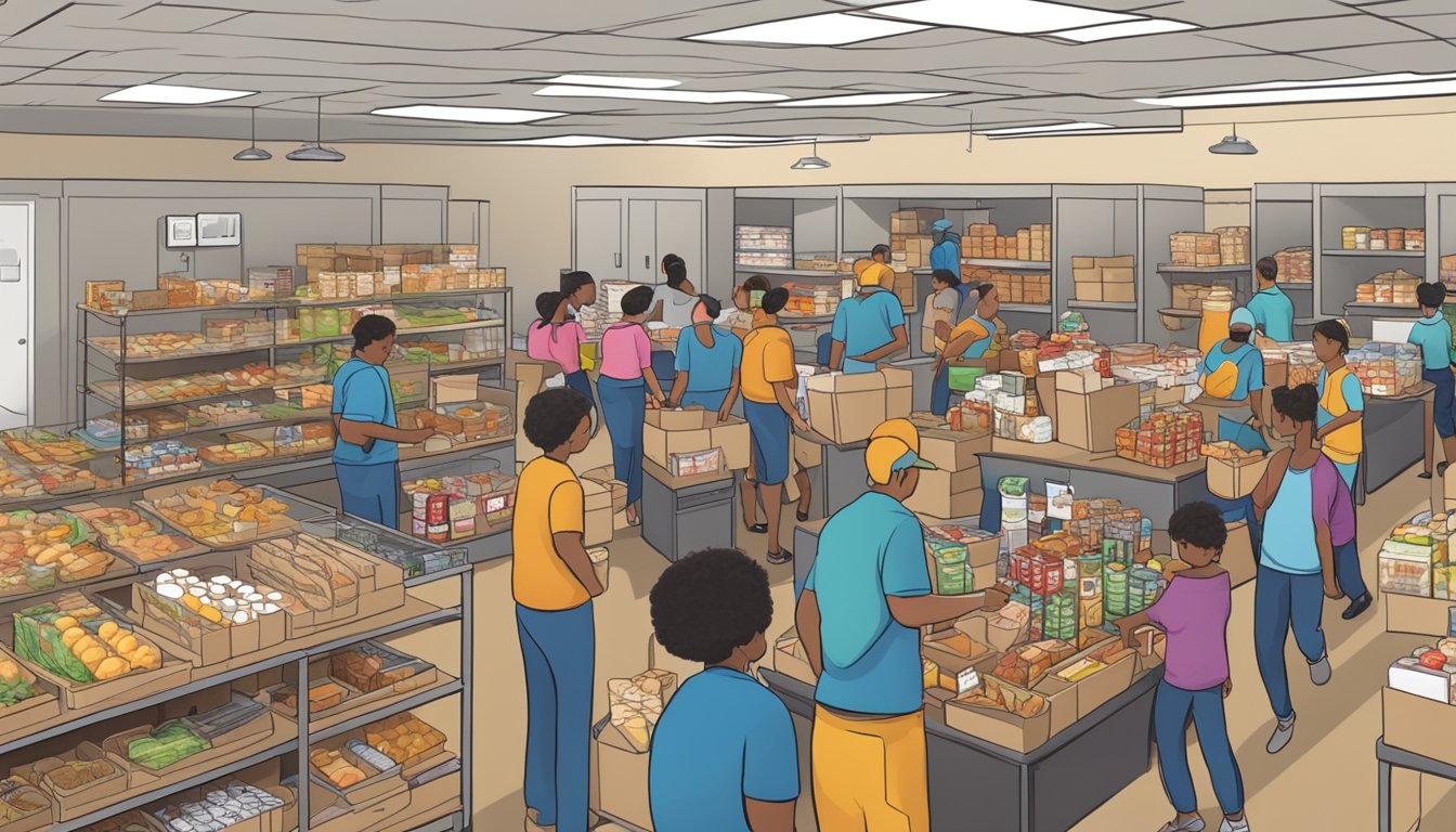 A bustling food pantry in Kendall County, Texas, with volunteers distributing free groceries to those in need