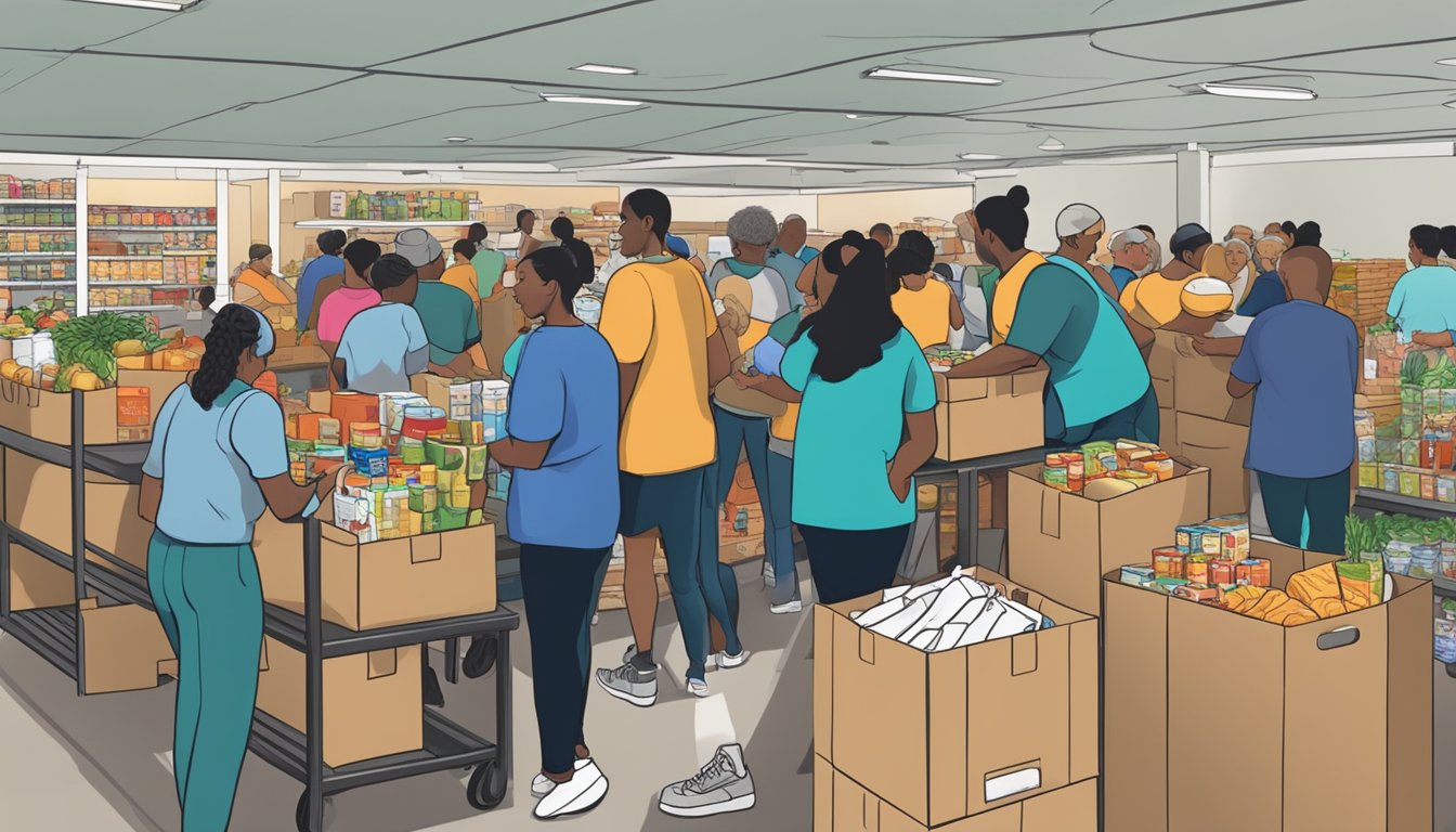 A bustling food pantry in Hockley County, Texas, with volunteers distributing free groceries to those in need