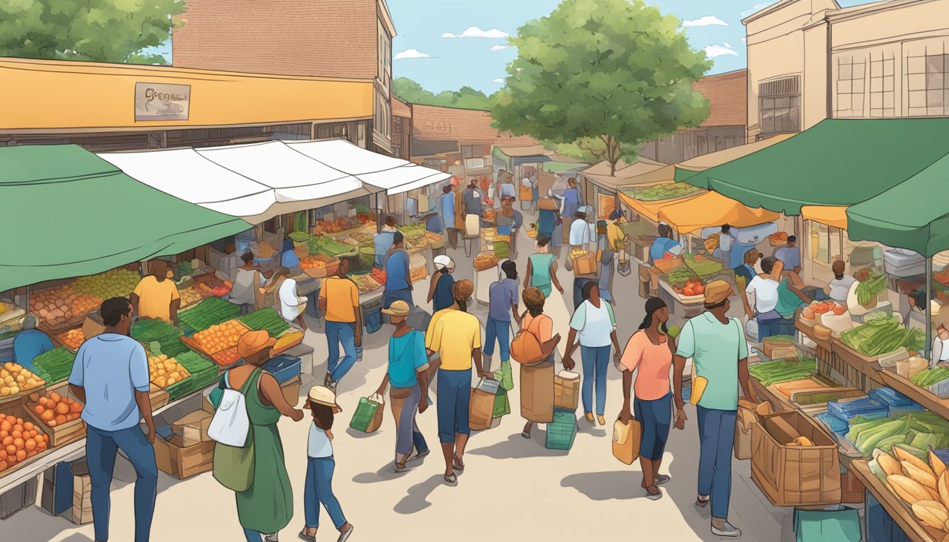 A bustling outdoor market with people receiving free groceries and food at various stalls in Kendall County, Texas