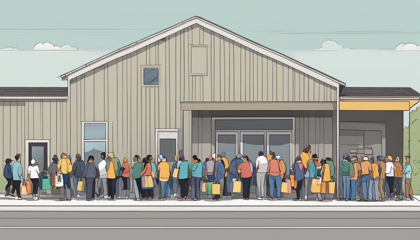 A line of people wait outside a food pantry in Karnes County, Texas. Volunteers hand out bags of groceries to those in need