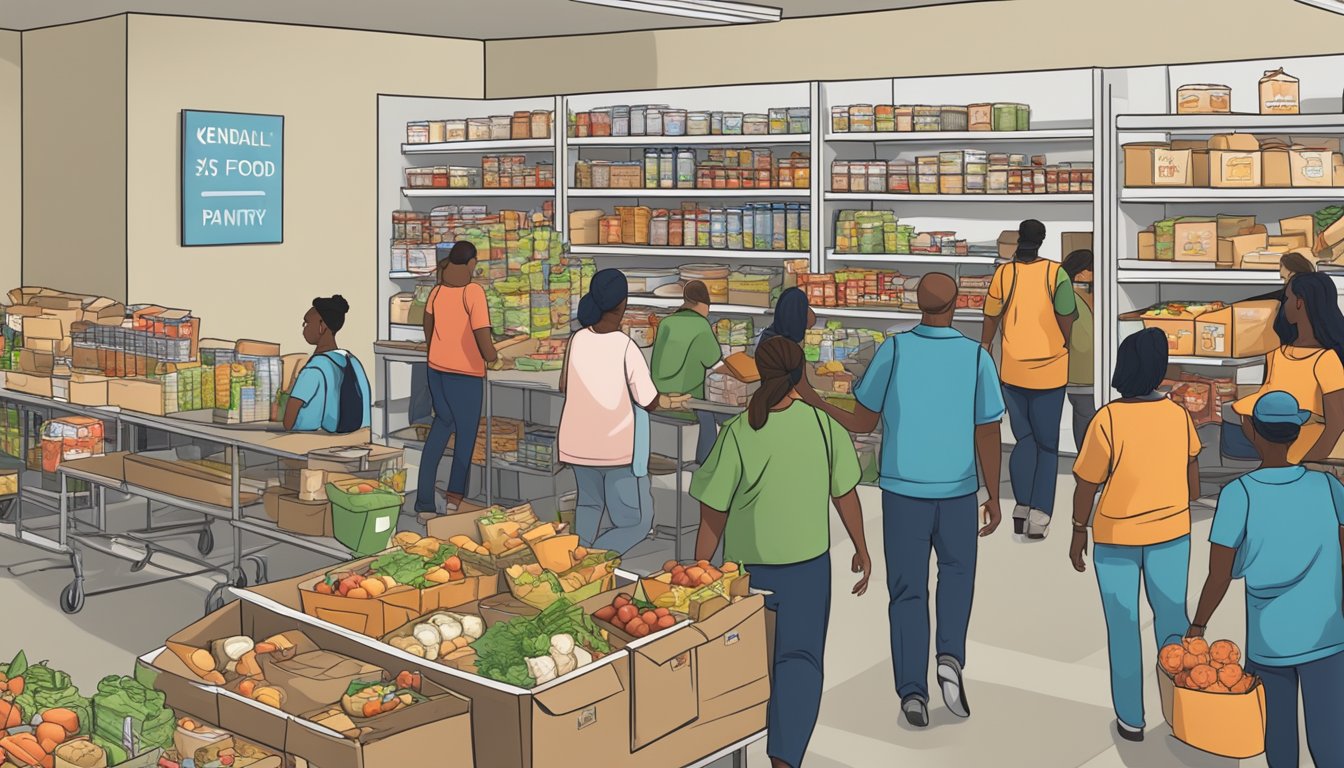 A bustling food pantry in Kendall County, Texas, with volunteers distributing free groceries to those in need