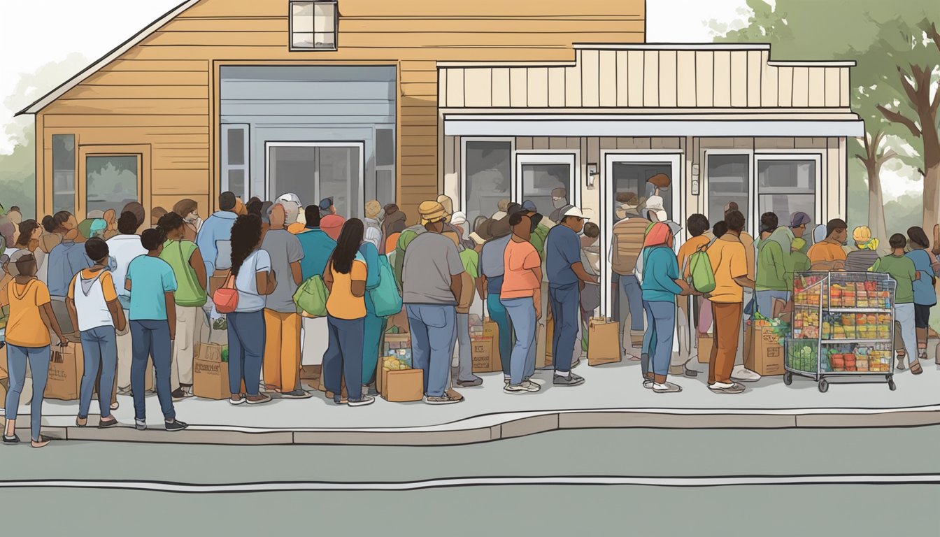 A line of people wait outside a food pantry in Hockley County, Texas, as volunteers distribute free groceries to those in need