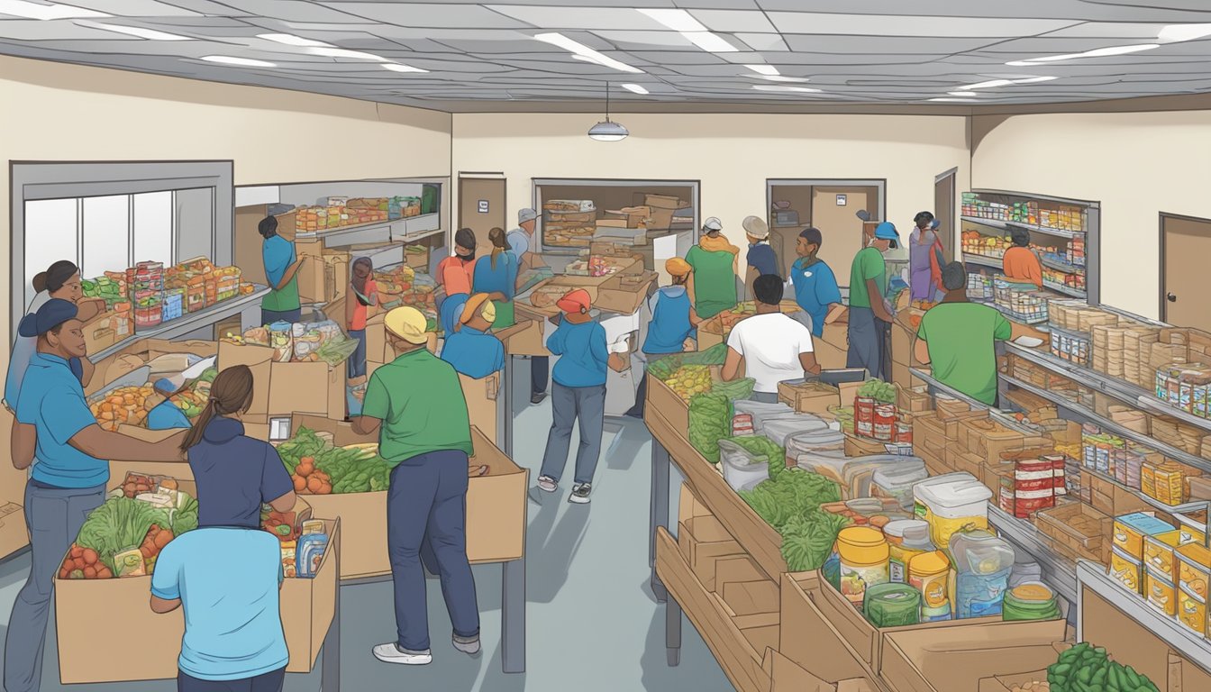 A bustling food pantry in Karnes County, Texas, with volunteers distributing free groceries to those in need