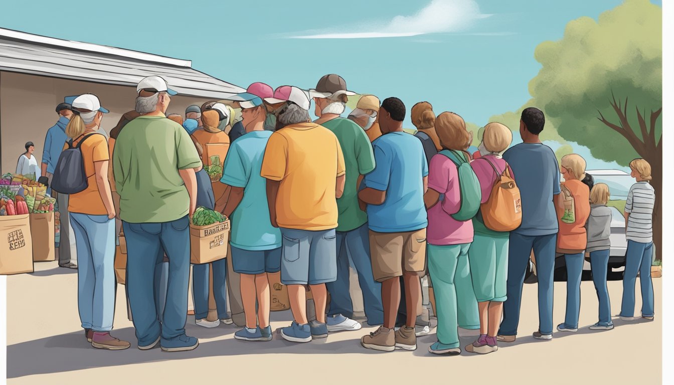 A line of people wait outside a food pantry in Kerr County, Texas, as volunteers distribute free groceries to those in need