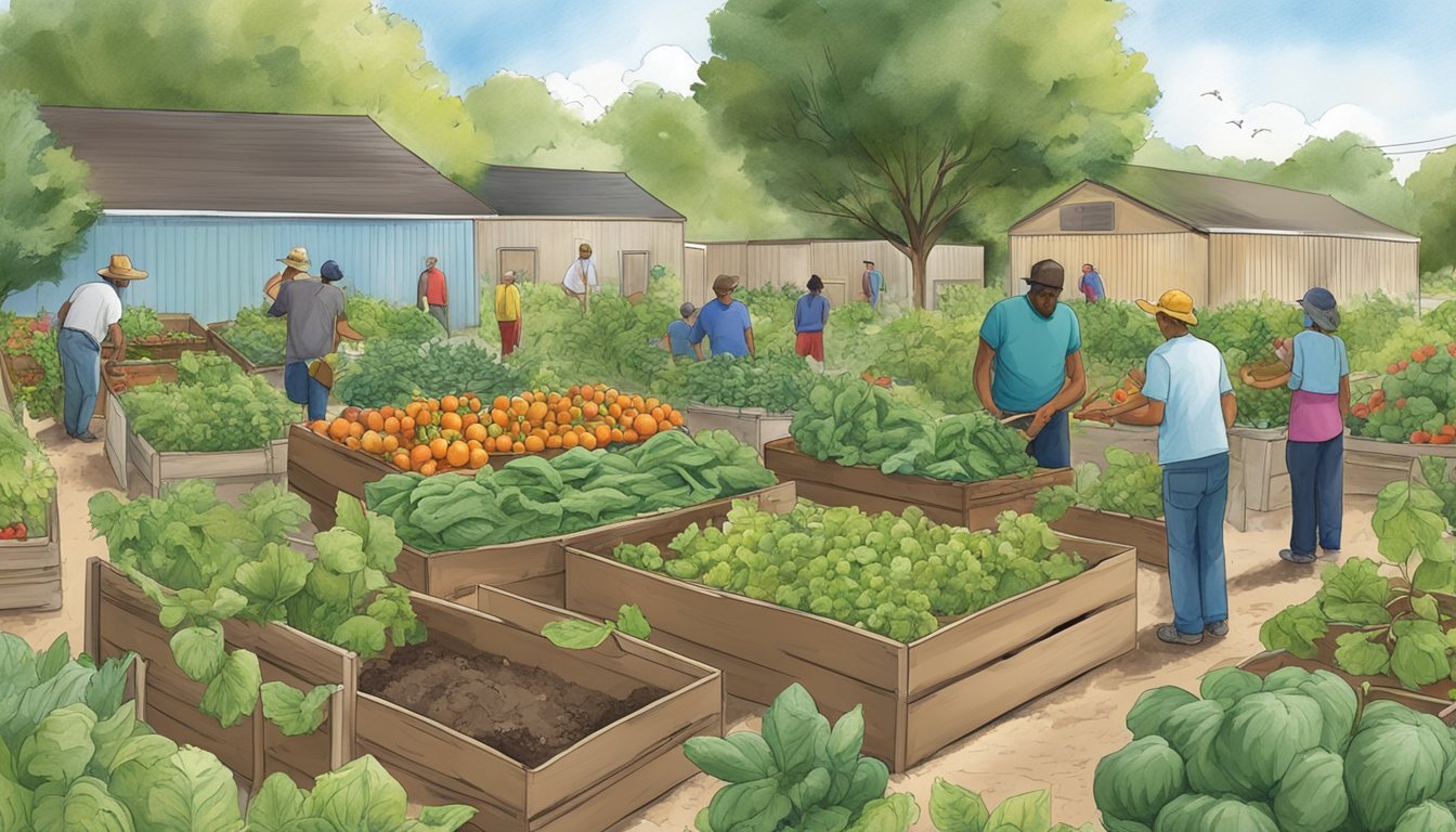 A community garden with fresh produce being harvested and distributed to those in need at a local food pantry in Hockley County, Texas