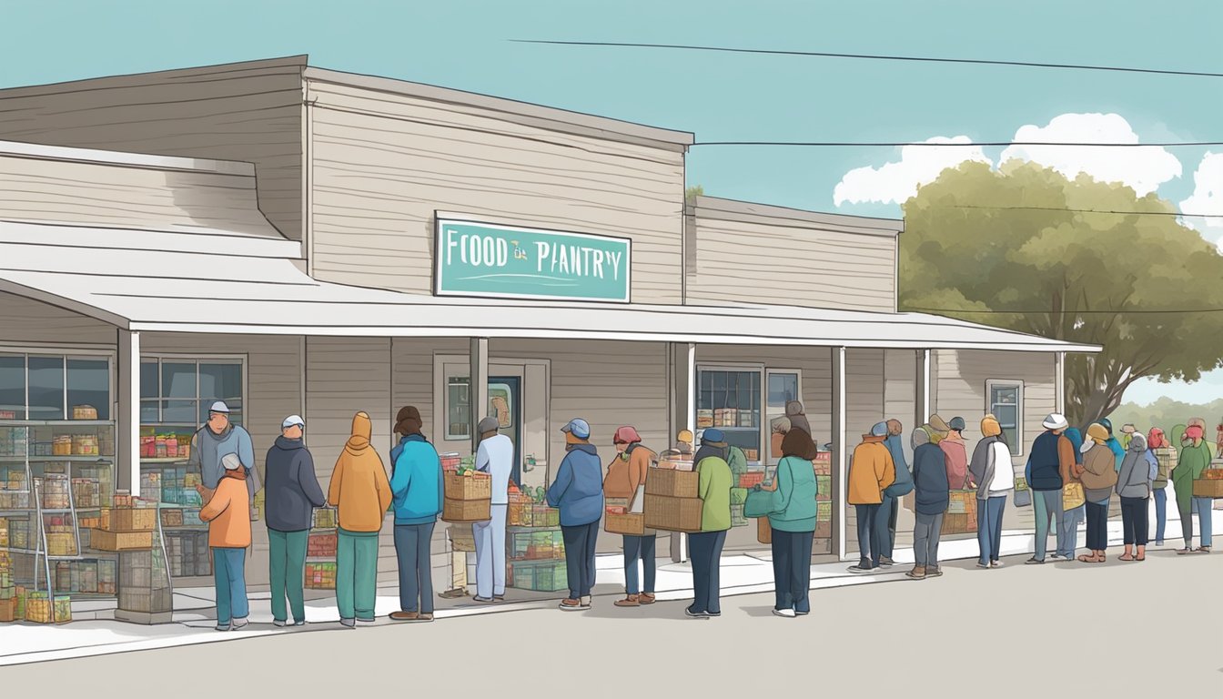 A line of people waits outside a food pantry in Kerr County, Texas. Volunteers distribute free groceries to those in need