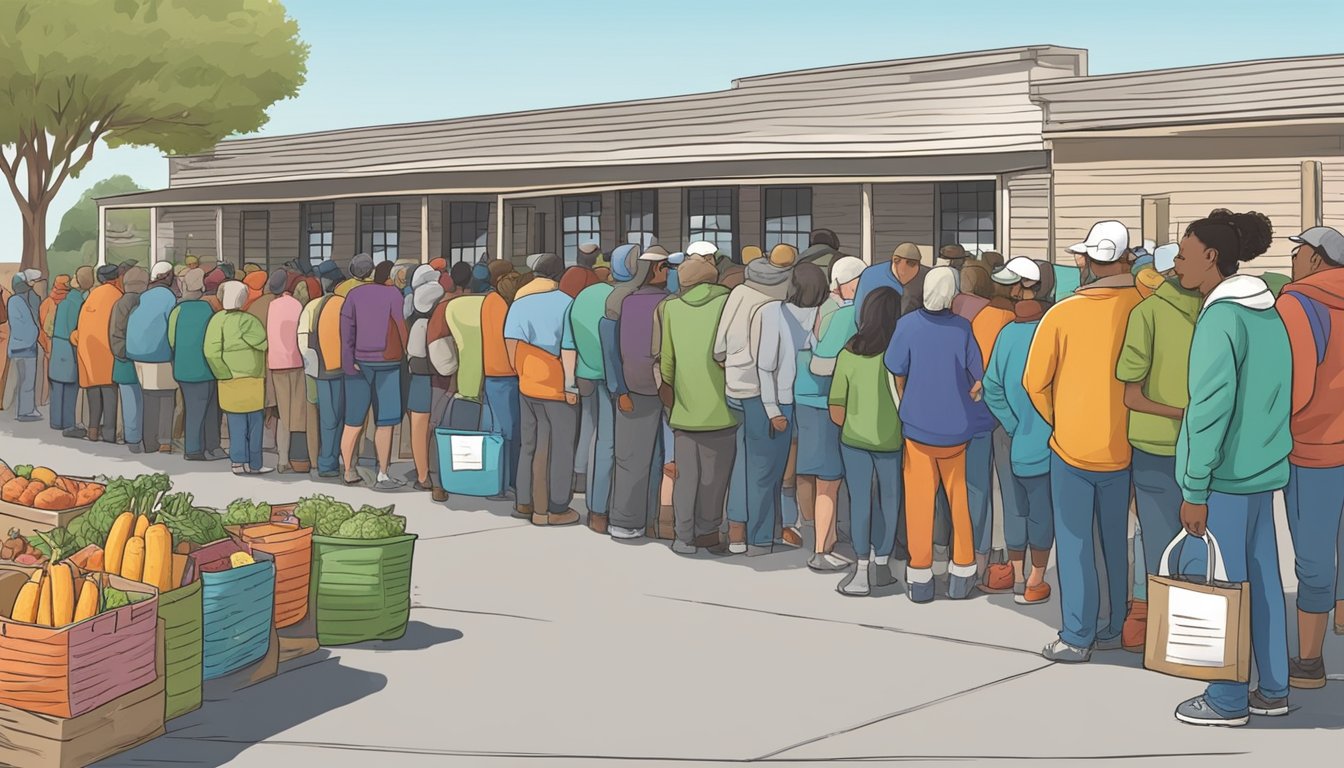 People lining up for free groceries at a food pantry in Karnes County, Texas. Volunteers and staff working together to distribute food to those in need