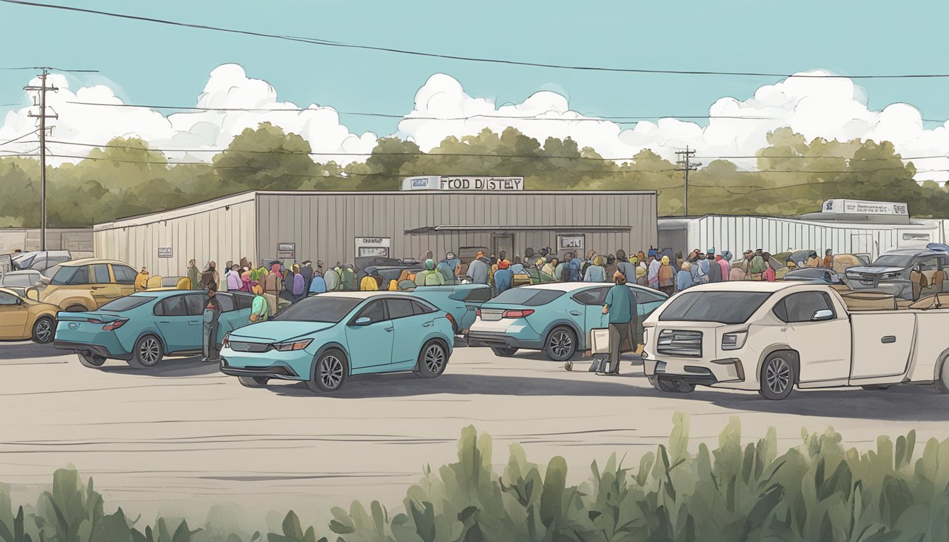 A line of cars waits in front of a mobile food distribution site in Kerr County, Texas. Volunteers hand out free groceries and pantry items to those in need