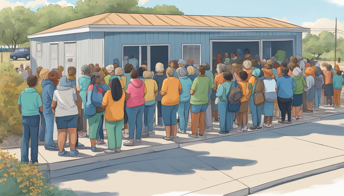 A line of people waiting outside a food pantry in Kerr County, Texas, with volunteers distributing free groceries to those in need