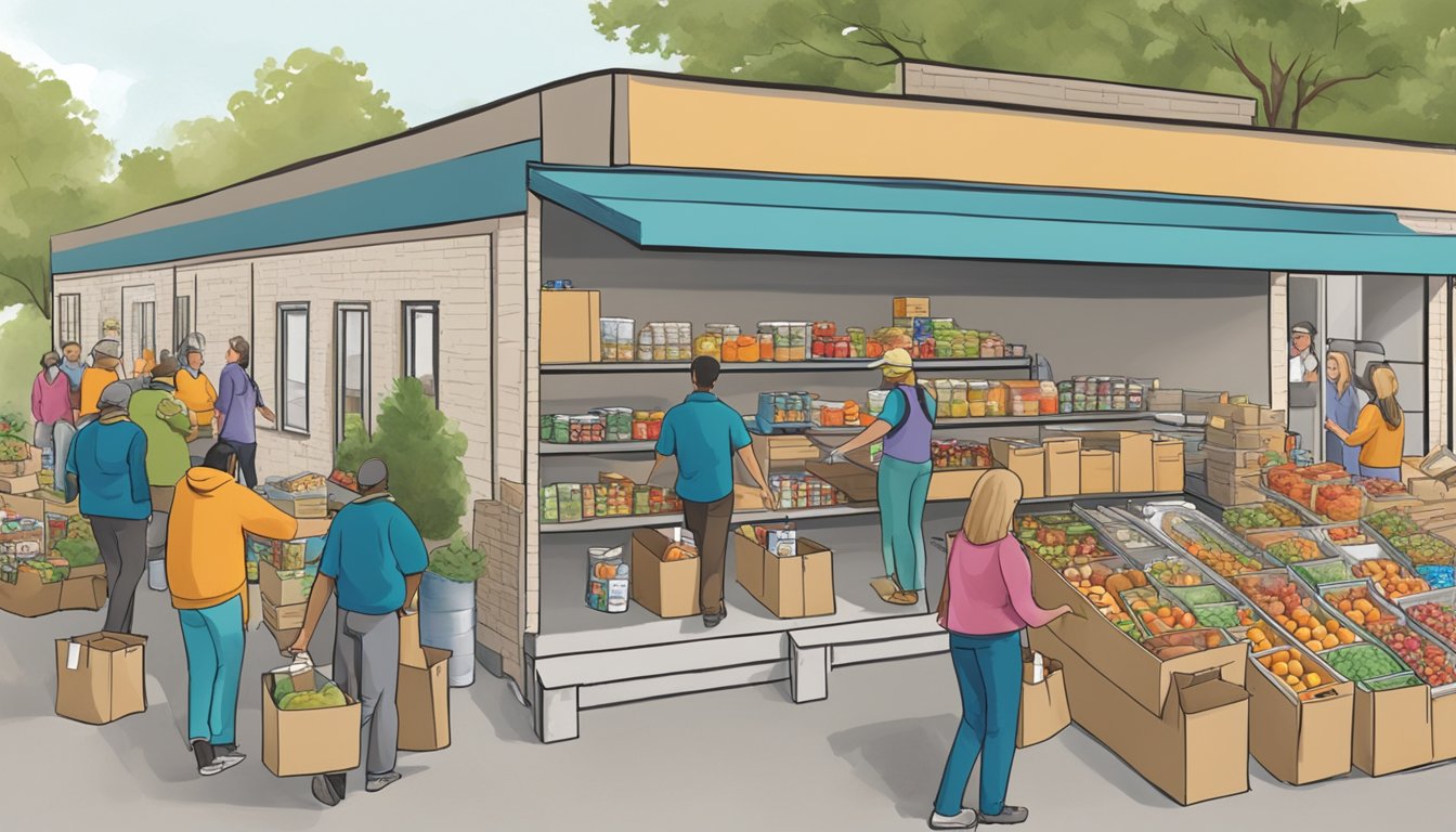 A bustling food pantry in Kerr County, Texas, with volunteers distributing free groceries to those in need