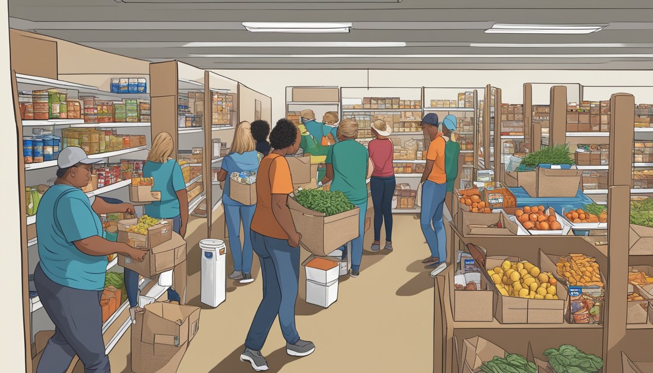 A bustling food pantry in Kerr County, Texas, with volunteers distributing free groceries to those in need