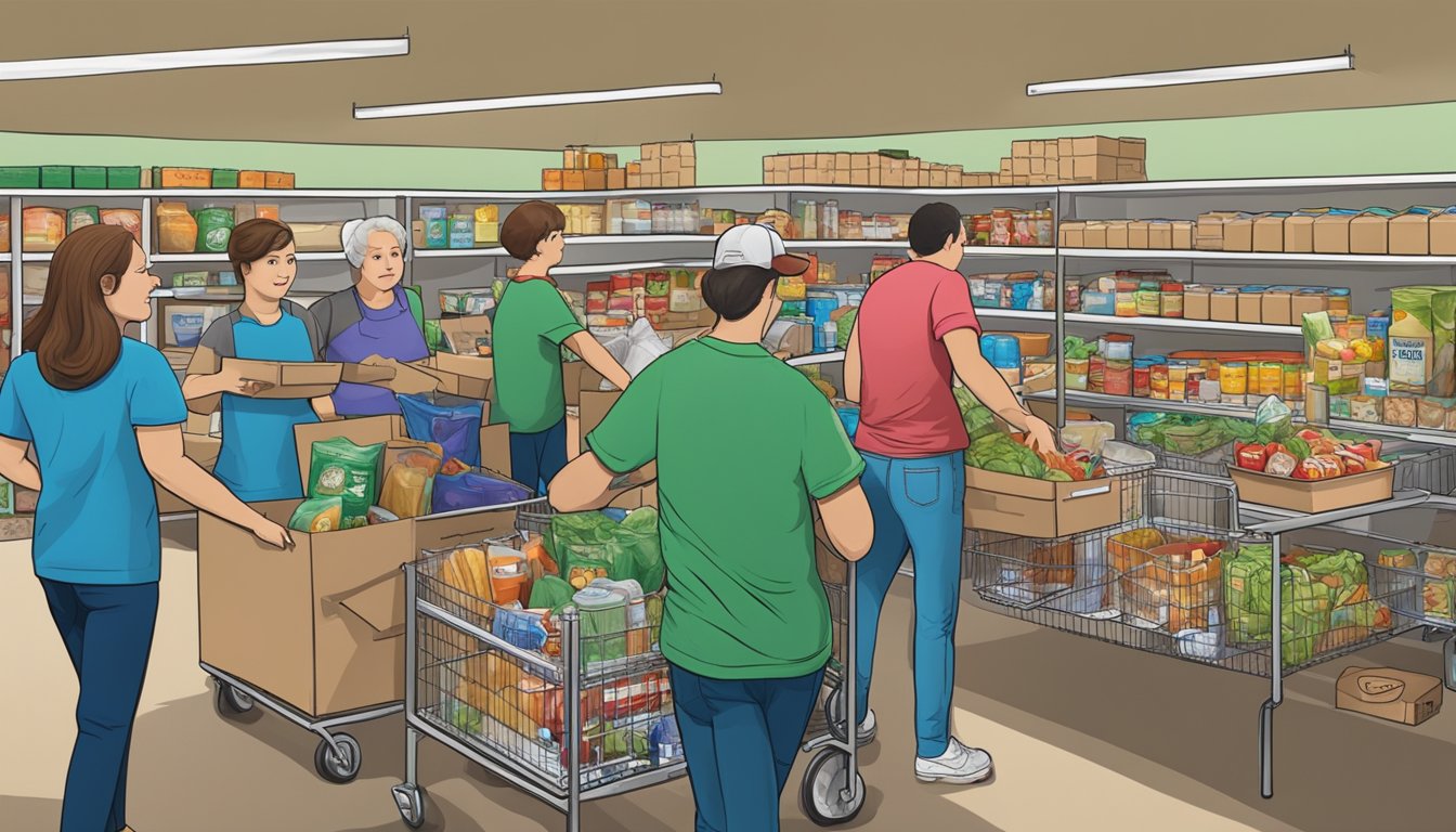 A bustling food pantry in Kerr County, Texas, with volunteers distributing free groceries to those in need