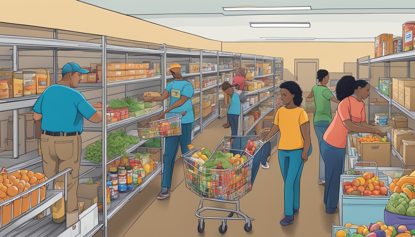 A bustling food pantry in Kerr County, Texas, where volunteers distribute free groceries to those in need