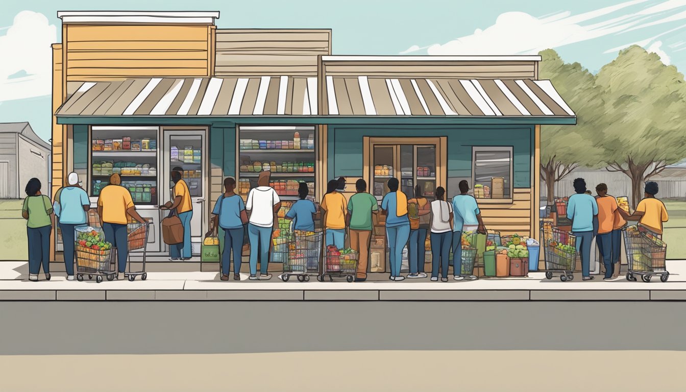 A line of people waits outside a small grocery store in Kenedy County, Texas, where volunteers distribute free groceries and food to those in need