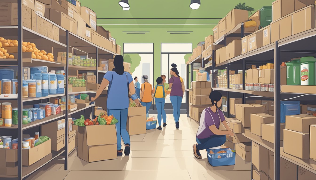 A bustling food pantry in Kenedy County, Texas, with volunteers distributing free groceries to those in need