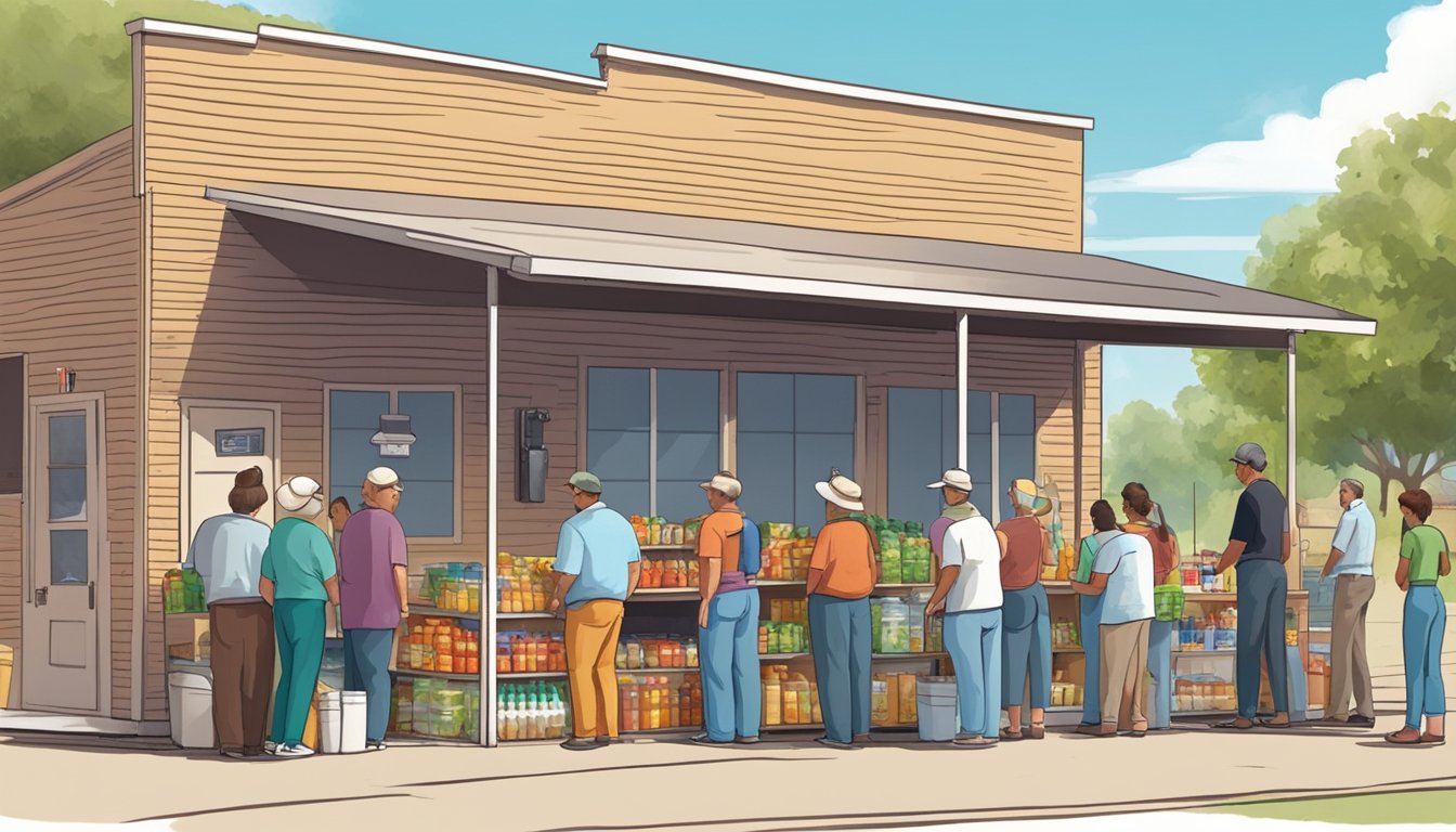 A small town food pantry with shelves stocked with canned goods and fresh produce, and a line of people waiting outside on a sunny day in Kenedy County, Texas