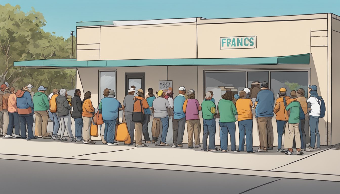 A line of people wait outside a small, local food pantry in Kinney County, Texas, as volunteers distribute free groceries to those in need