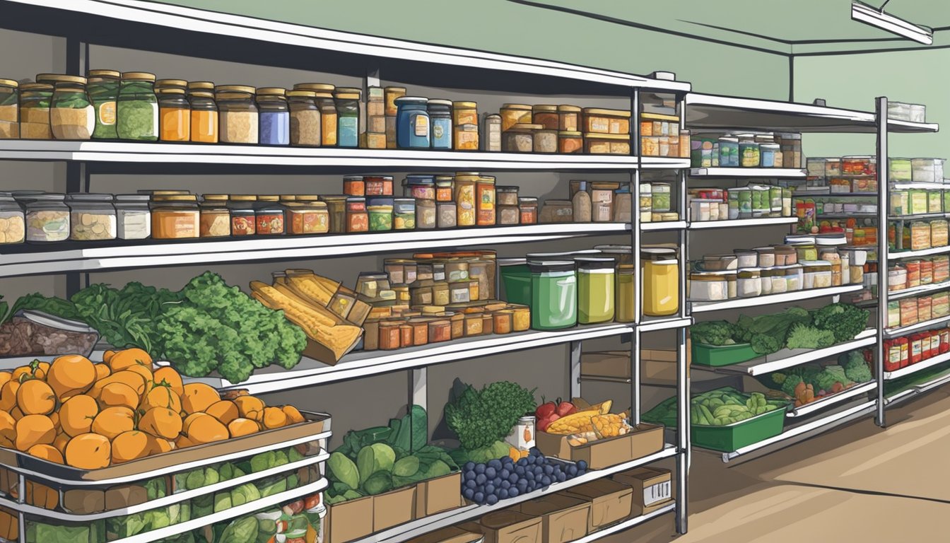 A bustling food pantry in Kenedy County, Texas, with shelves stocked full of fresh produce, canned goods, and other essential groceries