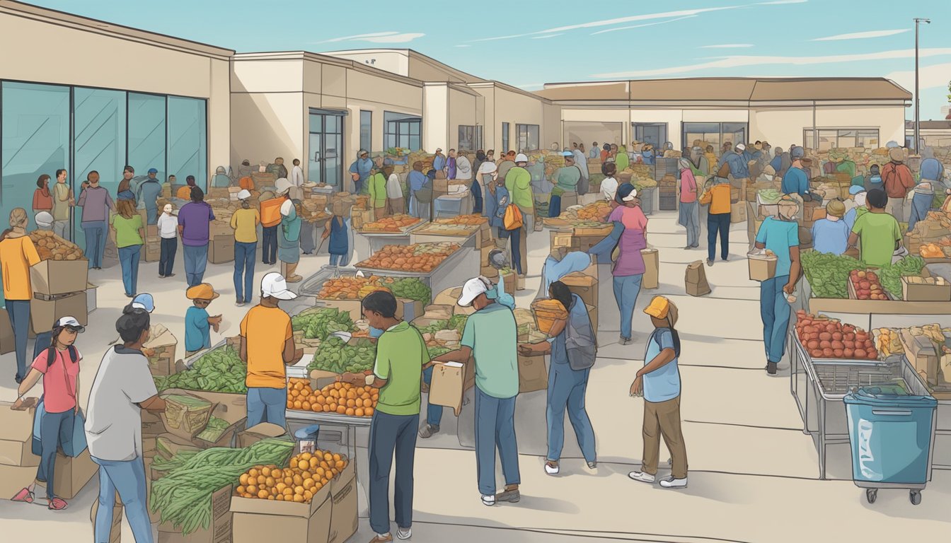 A bustling food bank in Kinney County, Texas, with volunteers distributing free groceries to those in need