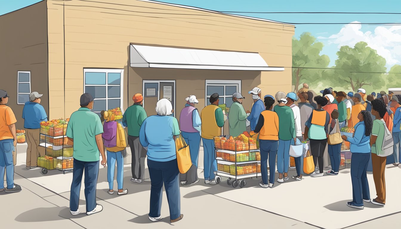 A line of people waiting outside a food pantry in Kinney County, Texas, with volunteers handing out free groceries and supplies