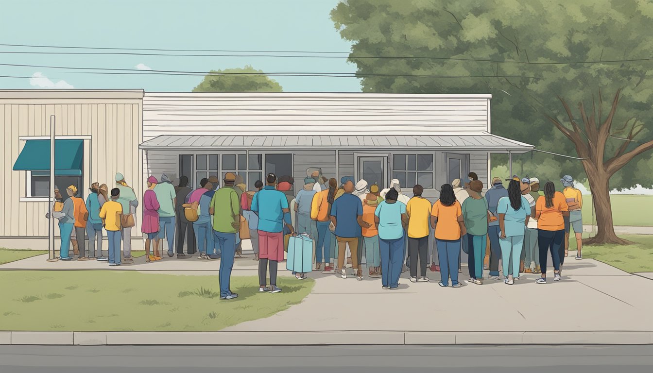 A line of people waiting outside a food pantry in Kenedy County, Texas, with volunteers distributing free groceries