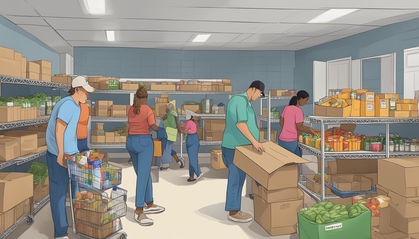 A bustling food pantry in Kenedy County, Texas, with volunteers distributing free groceries to those in need