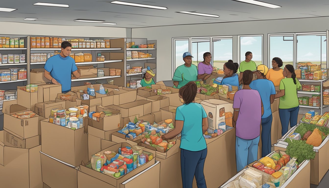 A bustling food pantry in Kenedy County, Texas, with volunteers distributing free groceries to those in need