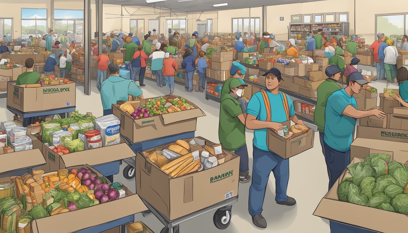 A bustling food bank in Hockley County, Texas, with volunteers distributing free groceries and supplies to those in need