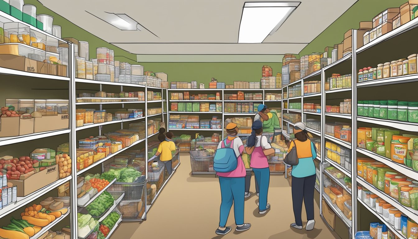 A bustling food pantry in Kinney County, Texas, with shelves stocked full of free groceries and volunteers providing nutritional support and education