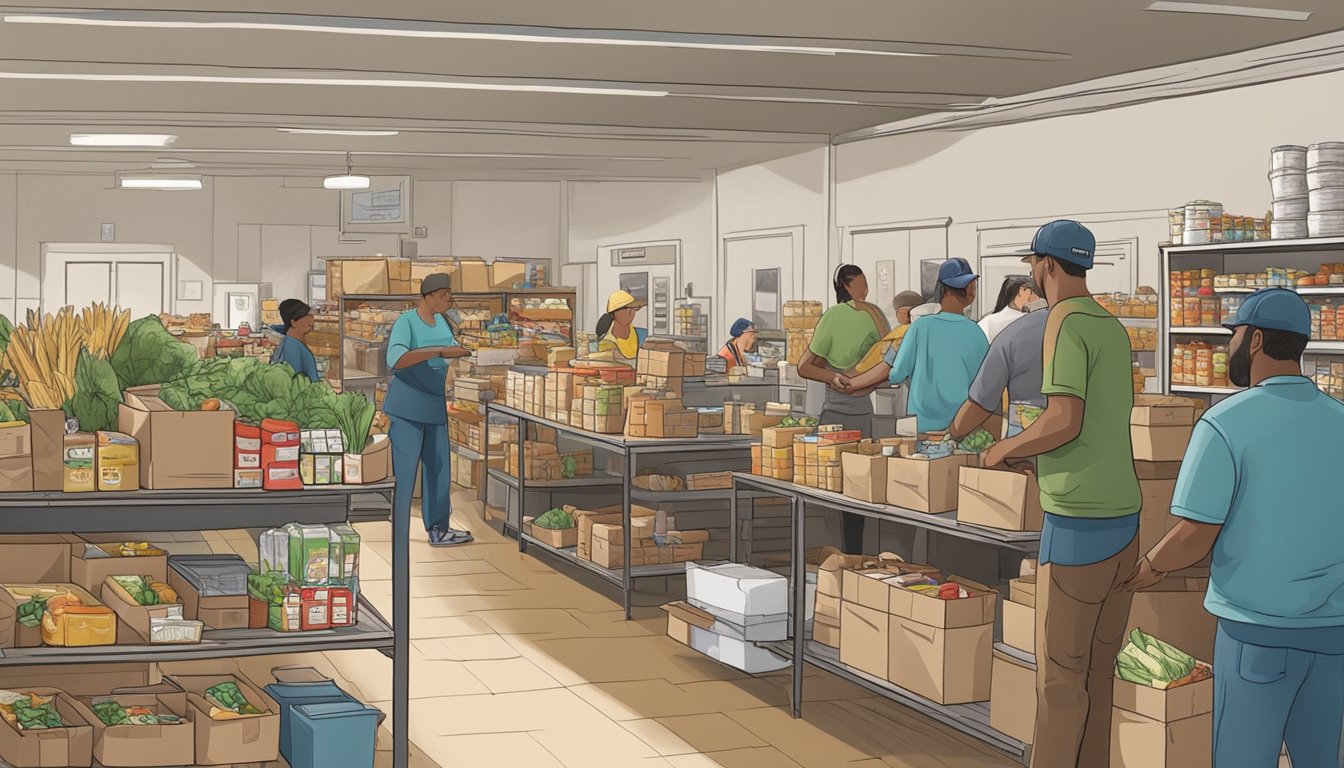 A bustling food pantry in Kinney County, Texas, with volunteers distributing free groceries and offering comprehensive services to those in need