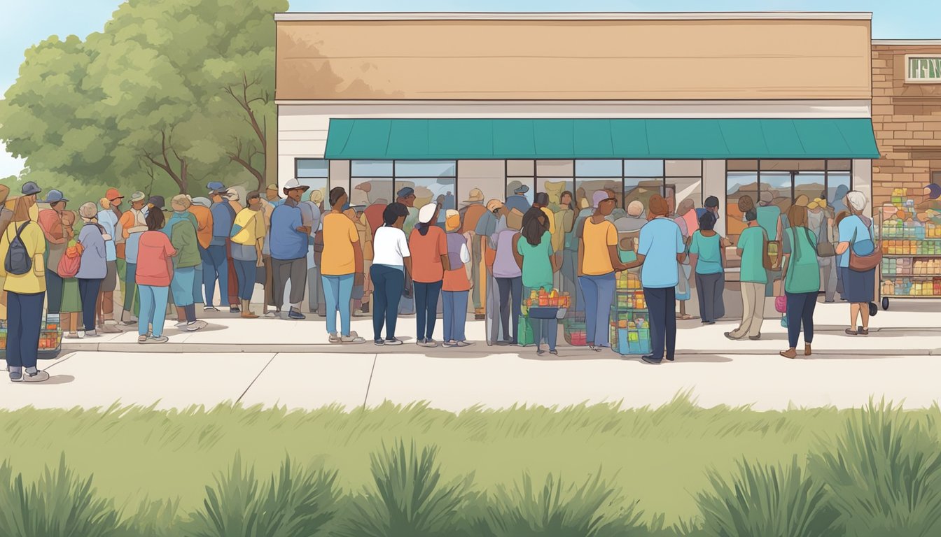 A line of people waiting at a food pantry in Kimble County, Texas, with volunteers handing out free groceries