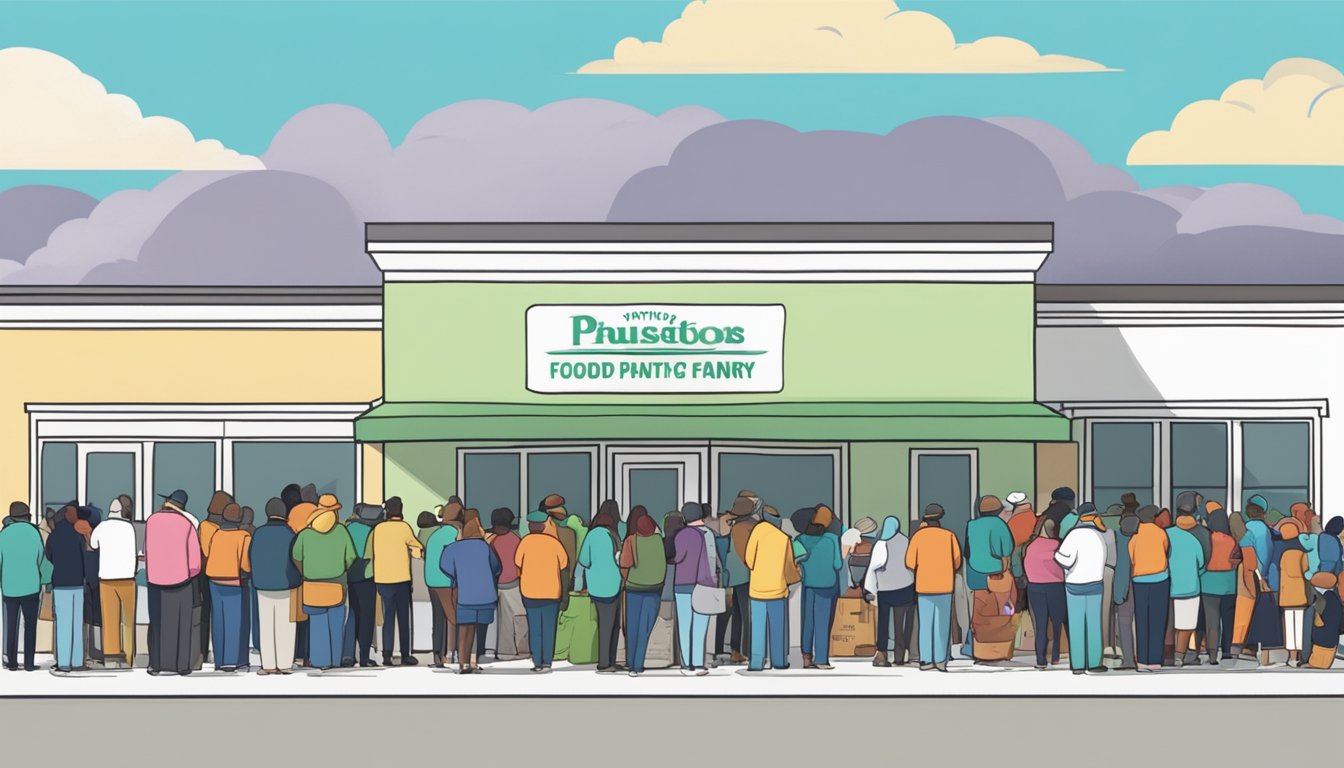 A line of people waits outside a food pantry in Houston County, Texas, as volunteers distribute free groceries to those in need