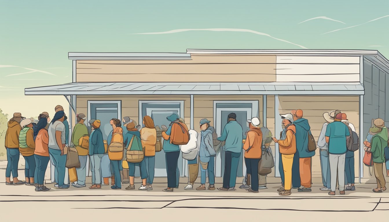 A line of people waits outside a small food pantry in Kimble County, Texas. Volunteers hand out bags of groceries to those in need