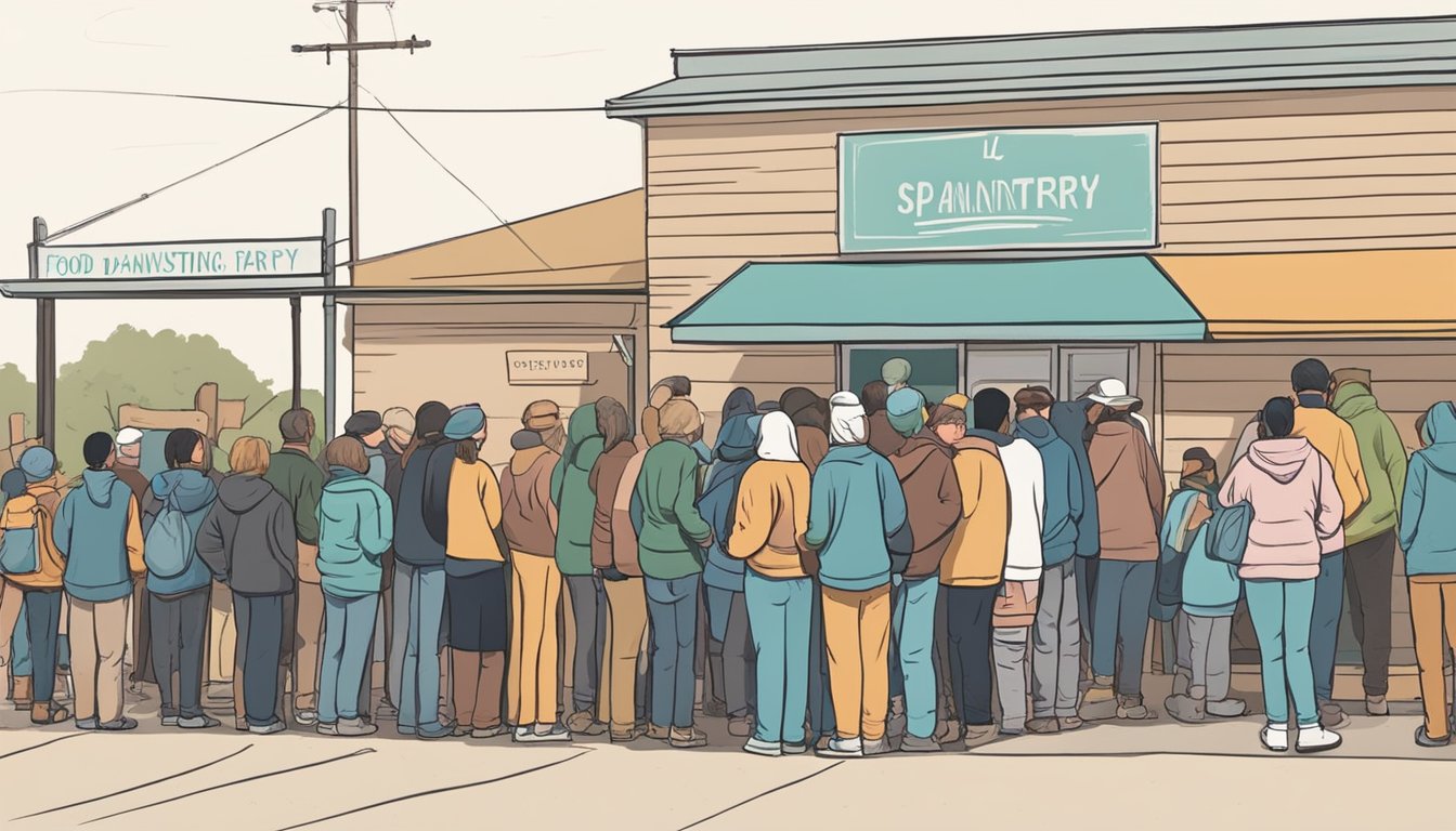 A line of people wait outside a food pantry in La Salle County, Texas, as volunteers distribute free groceries to those in need