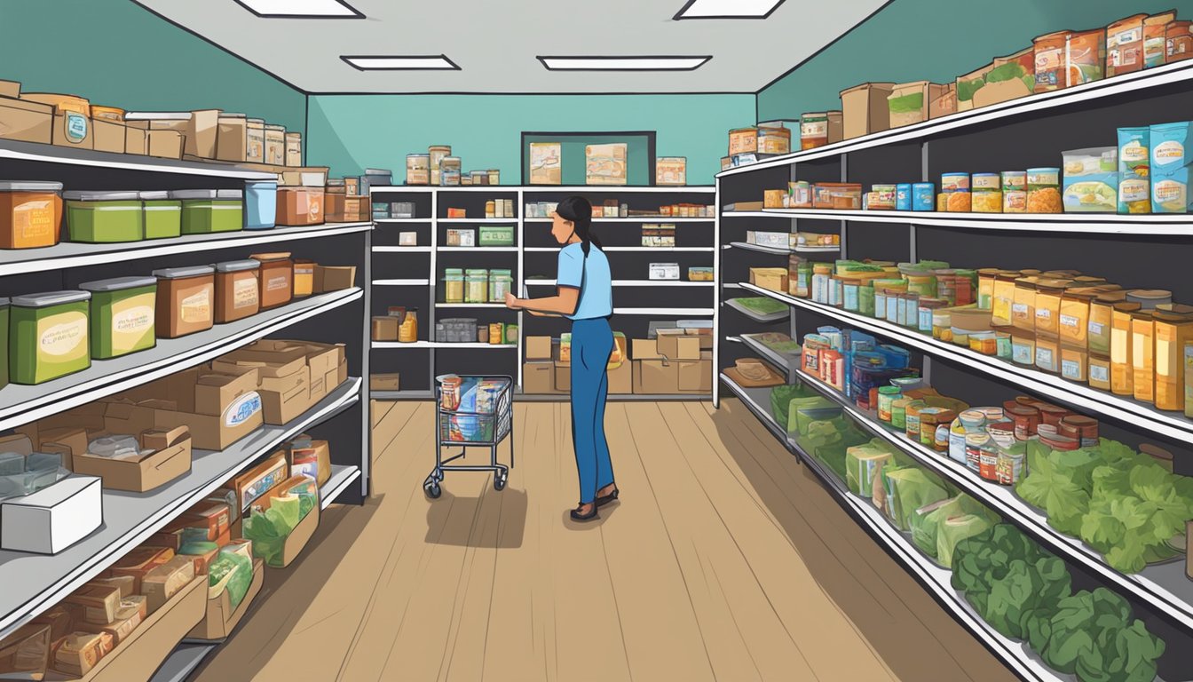 A bustling food pantry in Kimble County, Texas, with shelves stocked full of free groceries and nutritional support resources