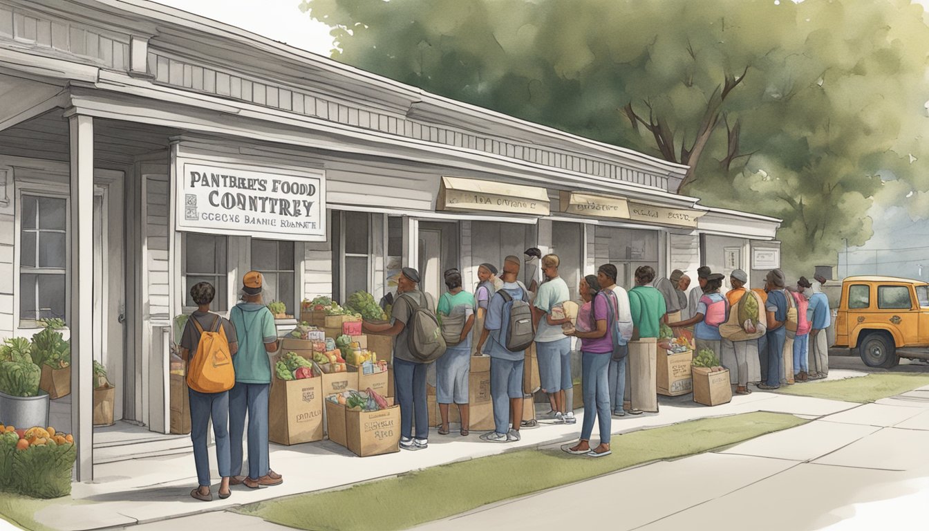 A line of people waits outside a small building, where volunteers hand out bags of groceries and canned goods. Nearby, a sign lists the names and locations of local food pantries and banks