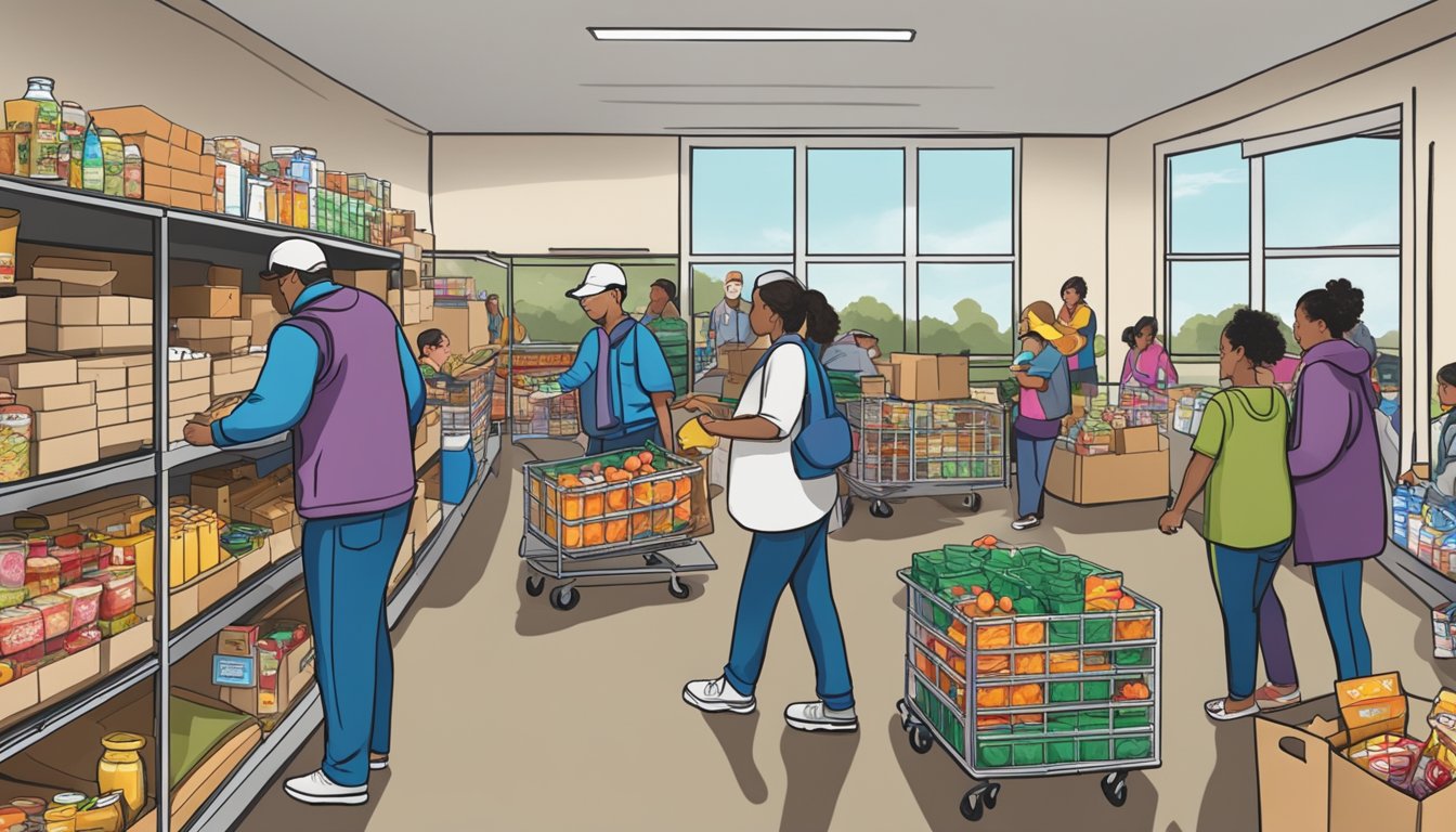 A bustling food pantry in La Salle County, Texas, with volunteers distributing free groceries to those in need