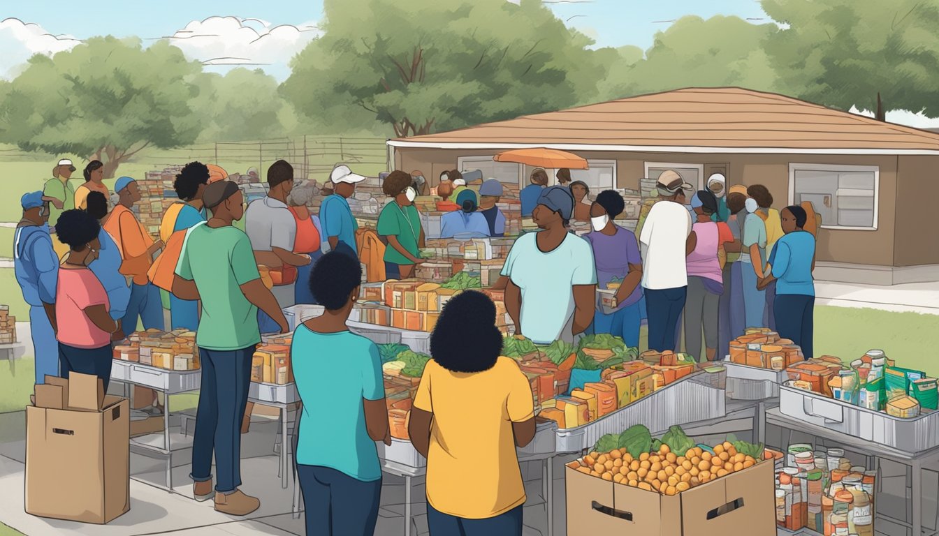 People gathering at a food pantry in Kimble County, Texas, receiving free groceries and supplies from volunteers