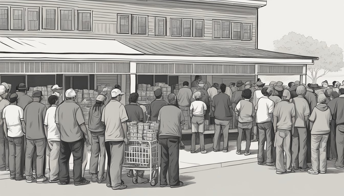 A line of people waiting outside a food pantry in Kimble County, Texas. Volunteers distribute free groceries to those in need